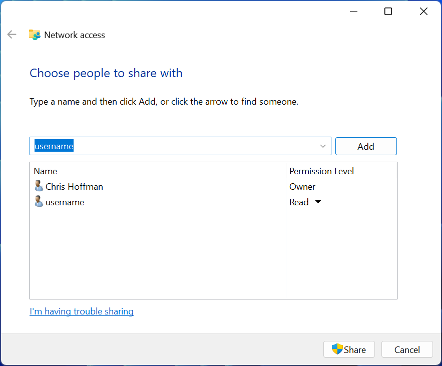 choosing which people to share files with in windows